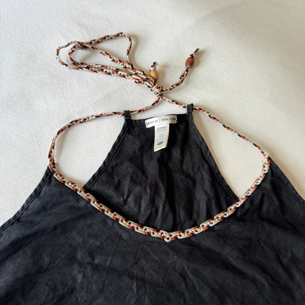 Old Navy 100% Linen Braided Tie Halter Top Women XXL Black Wood Bead Boho Flowy